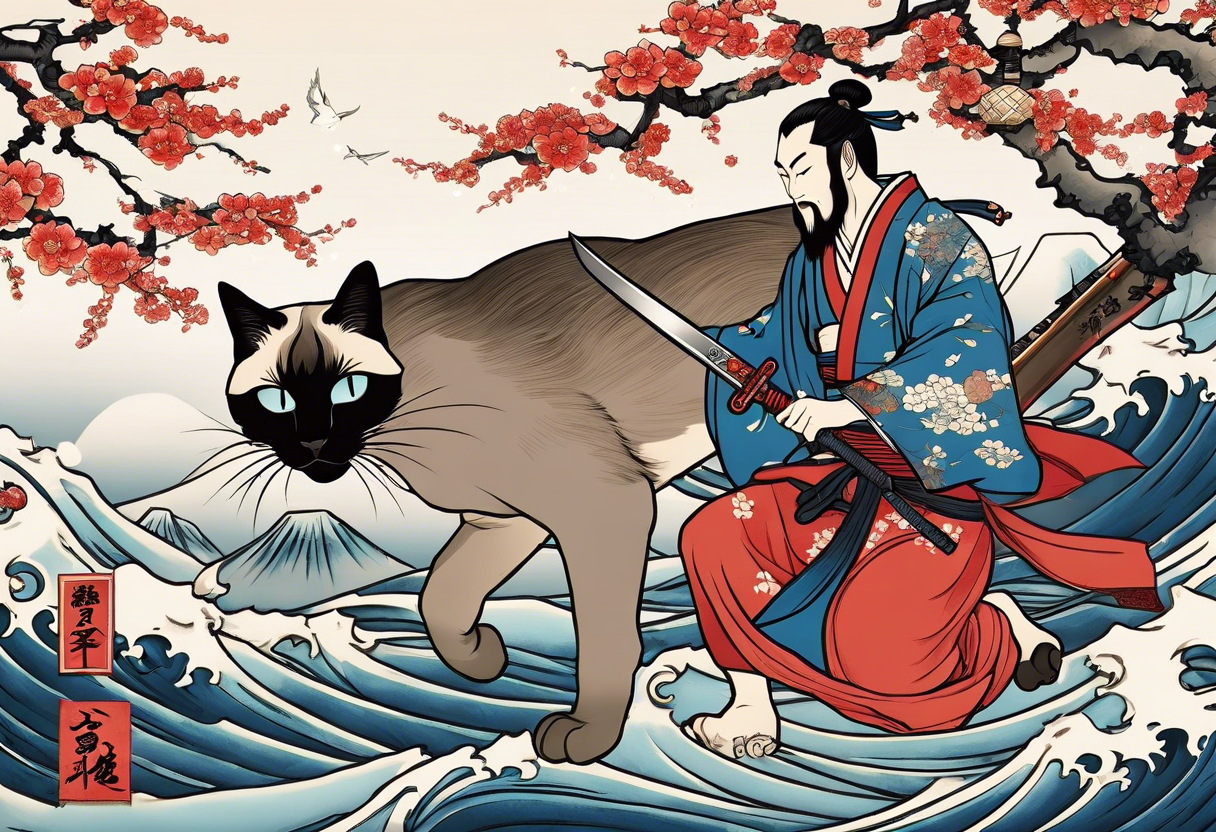 A siamese samurai cat killing his enemy tattoo idea