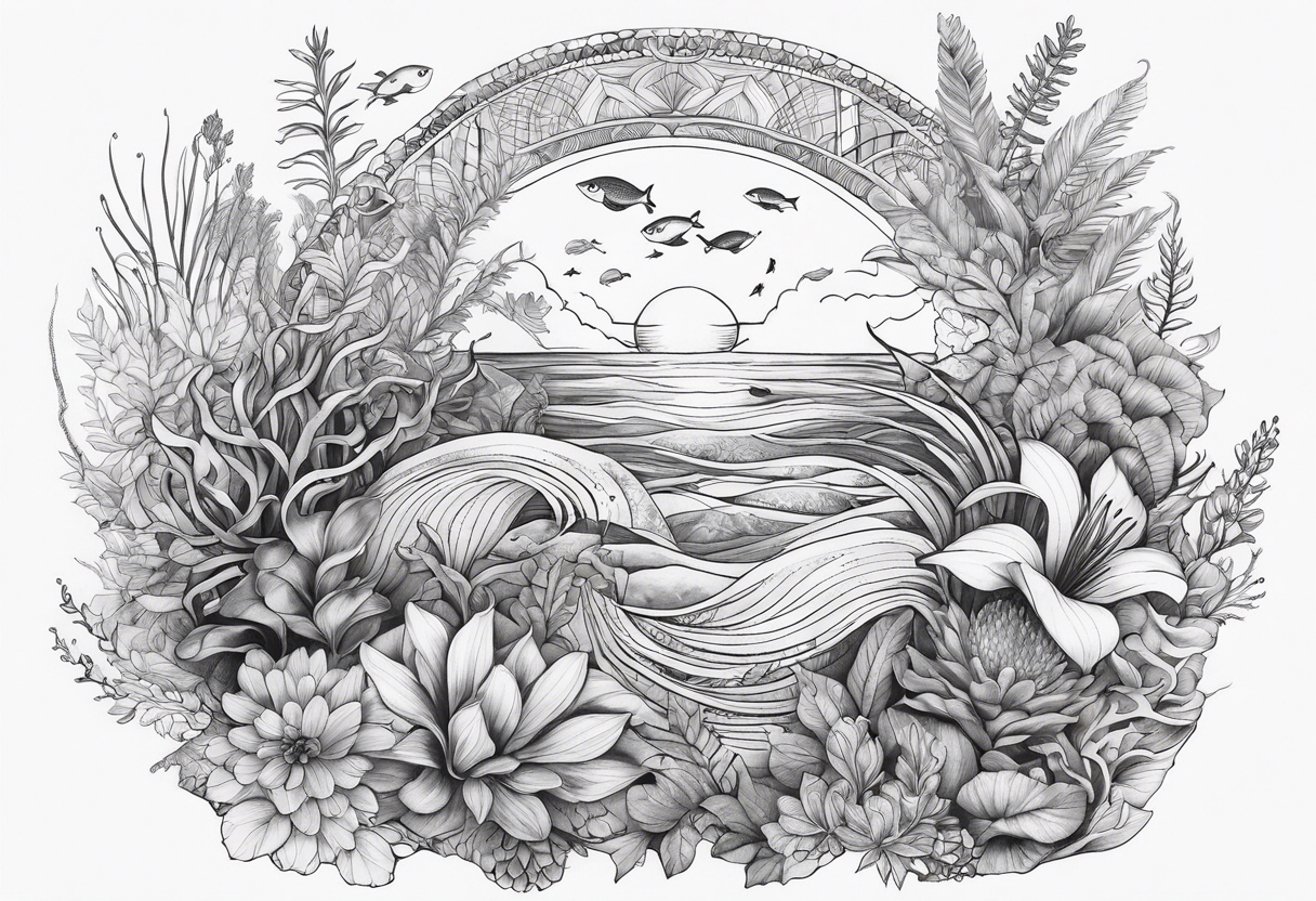 ocean arm tattoo with plants and sea life tattoo idea