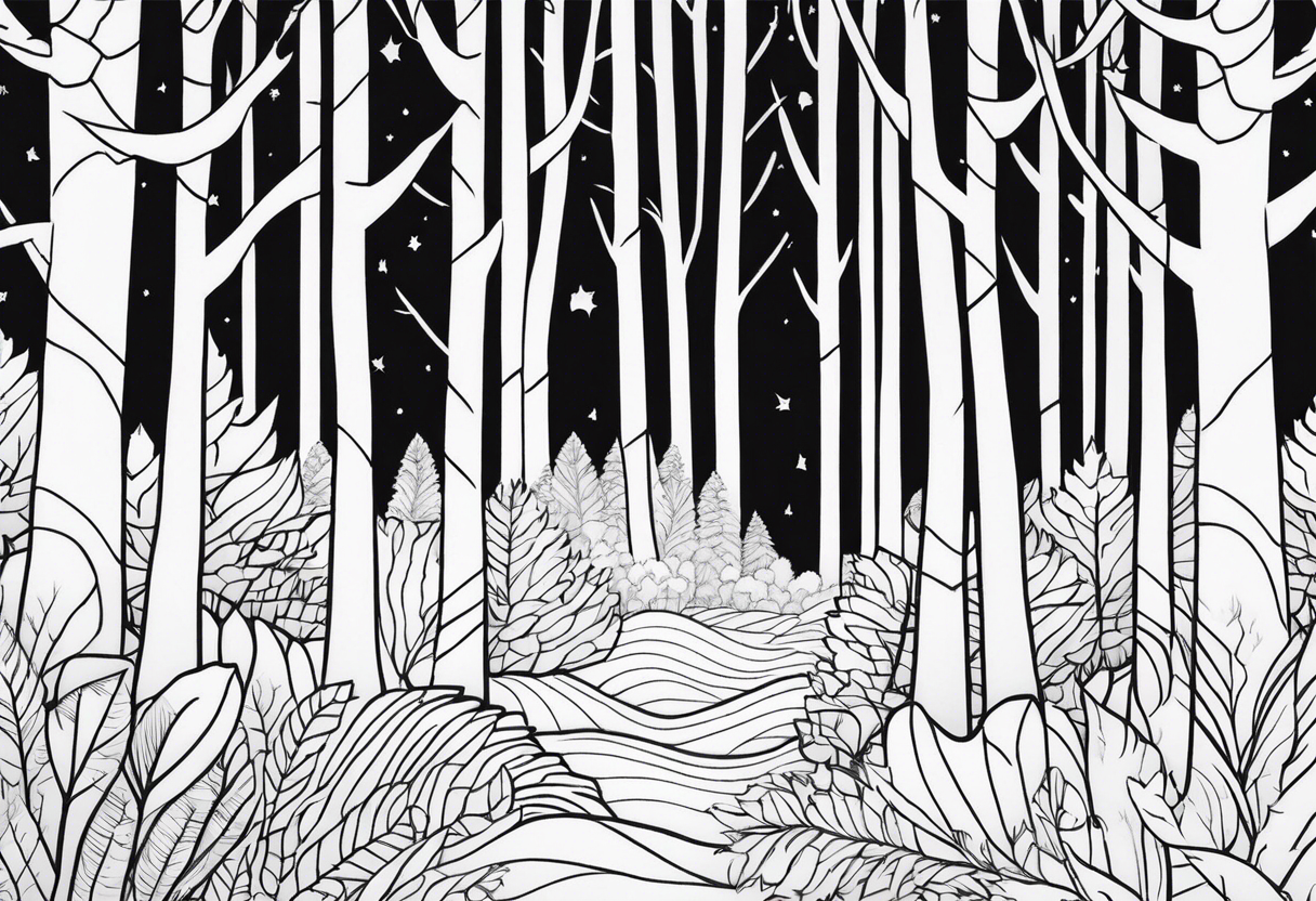 Draw me a Magical forest with s lot of trees in 2D and every tree is black and you see every trees leafs tattoo idea