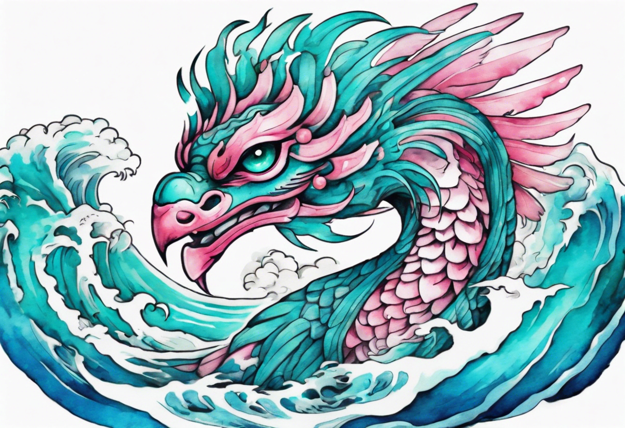 a turquoise and white and pink sea Quetzalcoatl with beautiful eyes emerging from the blue waves of the ocean tattoo idea