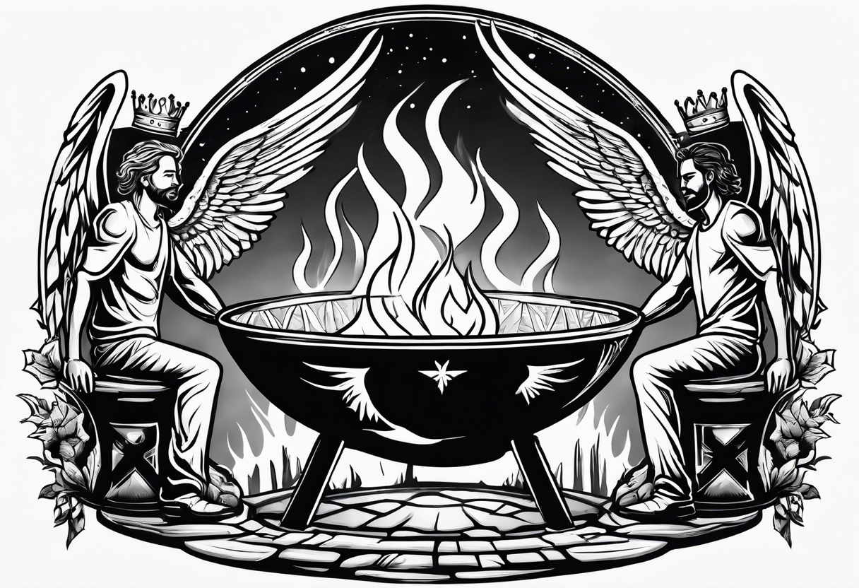 3 men holding hands in a big fire pit with an angel in the background with the word kings on top of it with a crown on top of that tattoo idea