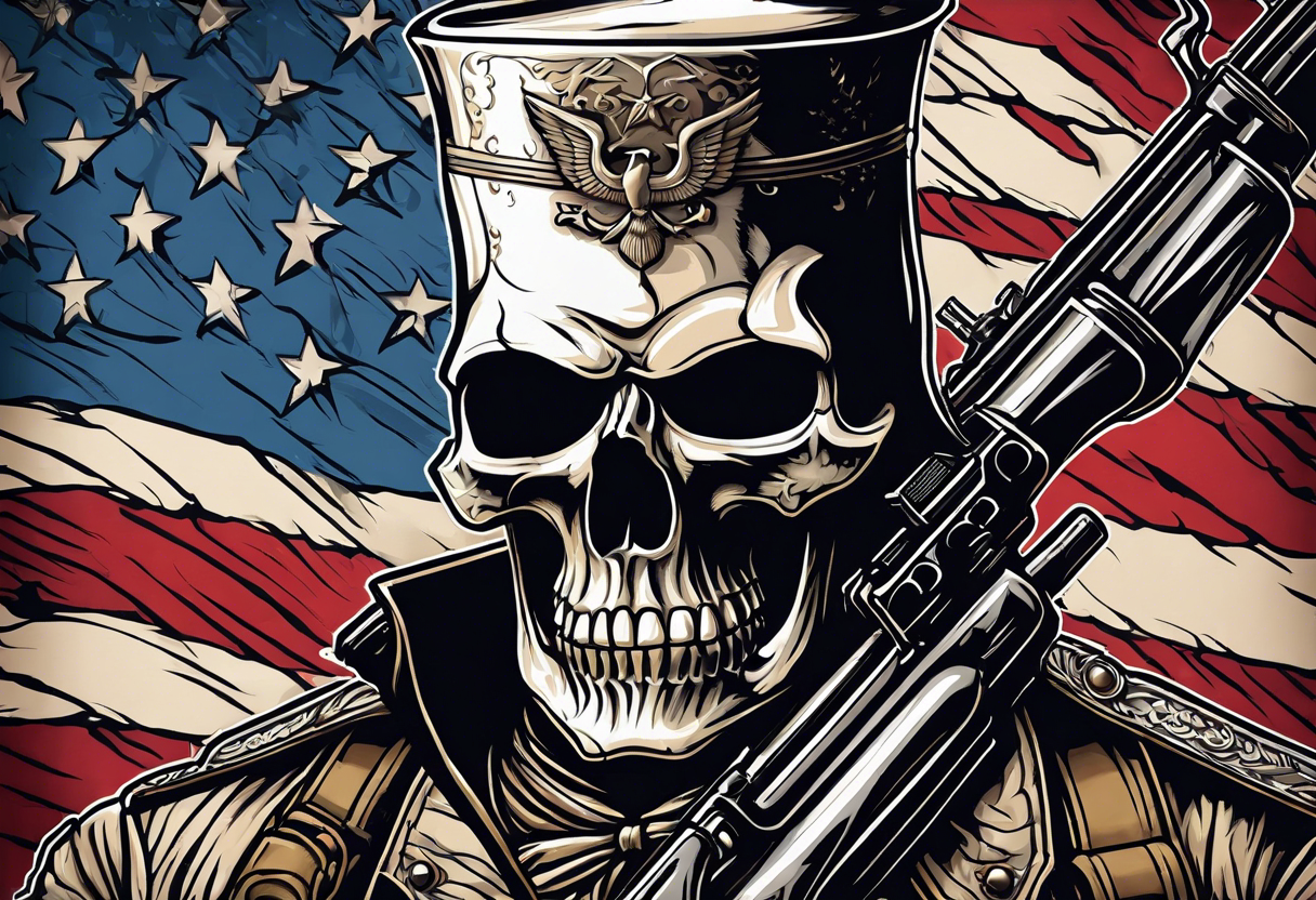 charging 
revolutionary war colonial soldier Skull face with Ar-15 and Liberty Bell Liberty or death tattoo idea