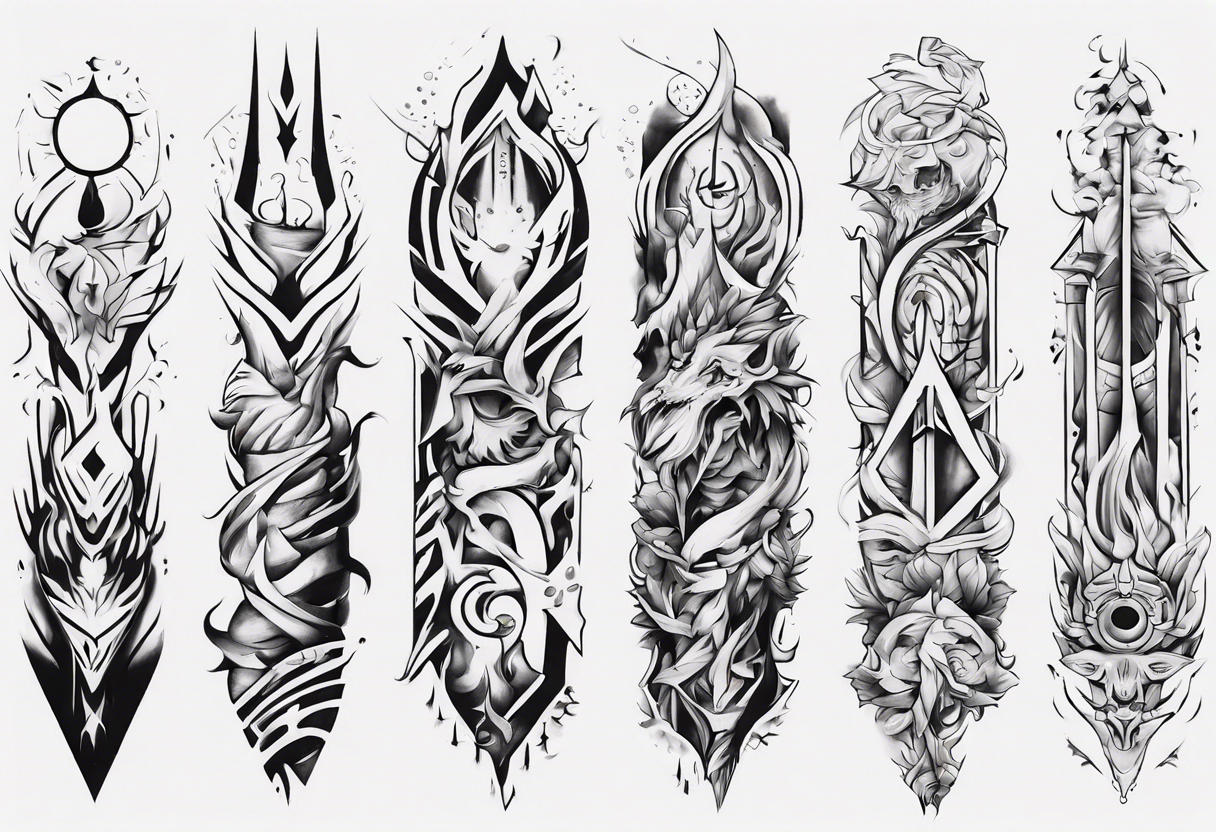 Design a vertical tattoo where shapes and lines represent various stages of my life, reflecting the evolution of my character and perception. Ensure it suits the placement on the back of the forearm tattoo idea