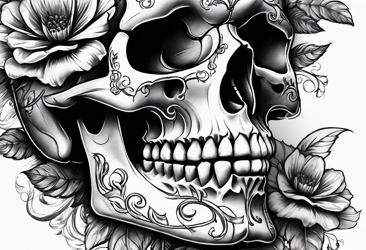 Draw me a skull with smoke out of his mouth add some flowers underneath with some ornamentals and Chains under it tattoo idea