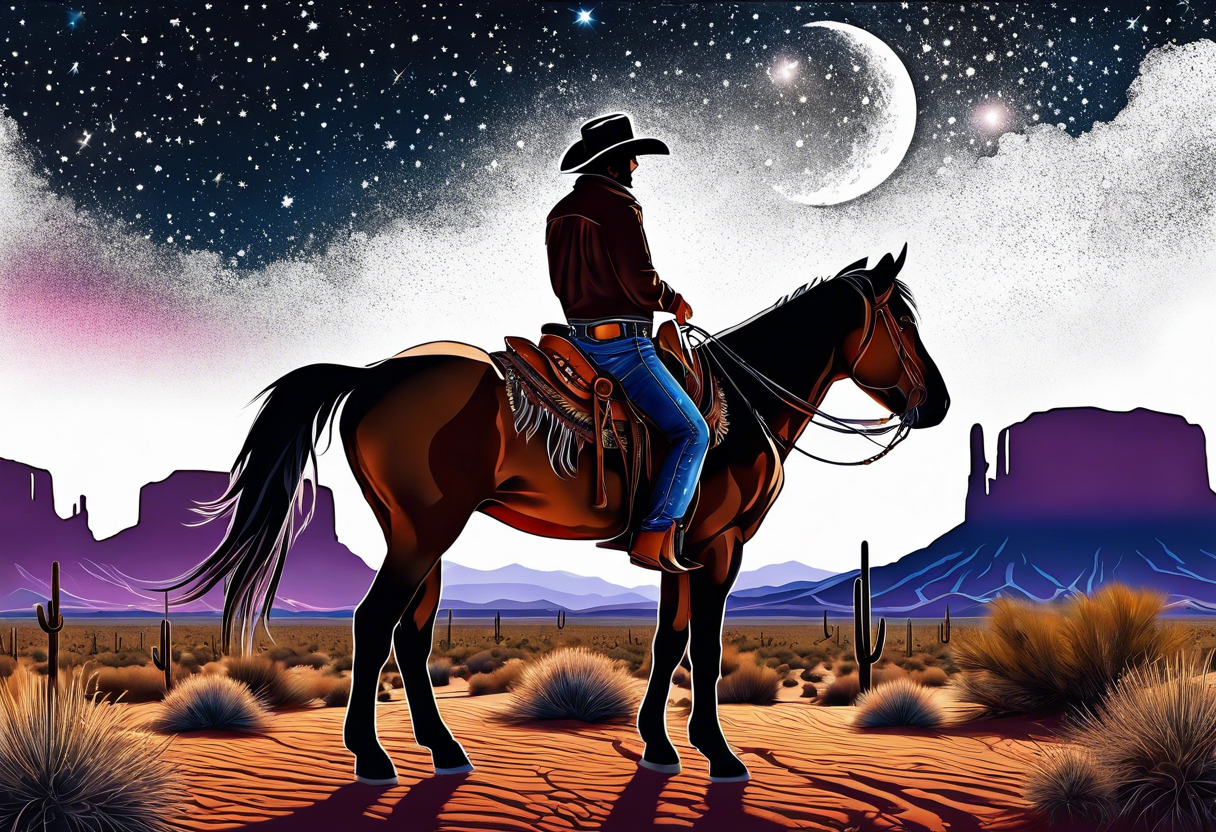 Cowboy standing in the Arizona desert with galaxy sky tattoo idea