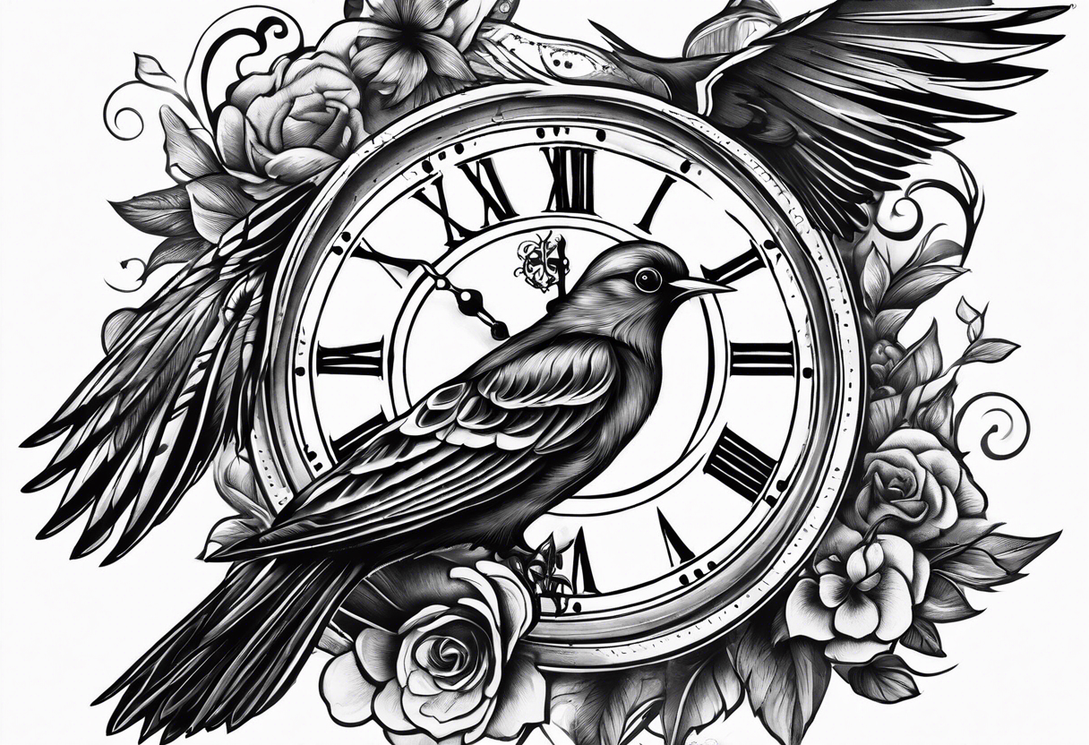 Man with pistol bird flying below and clock below bird tattoo idea