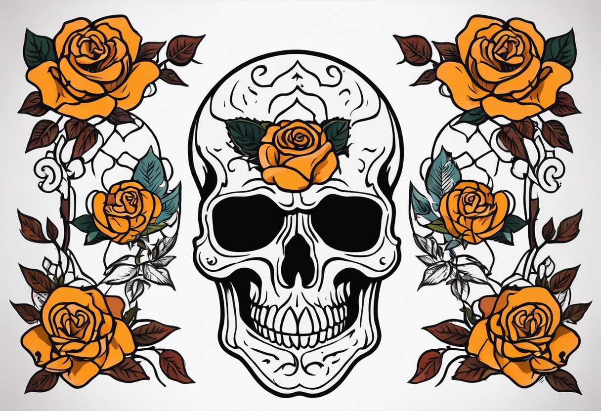 Masculine Old School Knee tattoo in fall colors showing a large skull with a rose tattoo idea