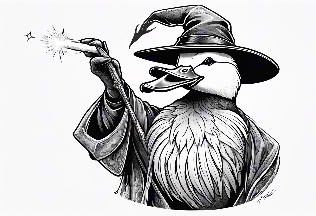 Dabbling Duck dressed like a wizard casting a spell with his wand tattoo idea