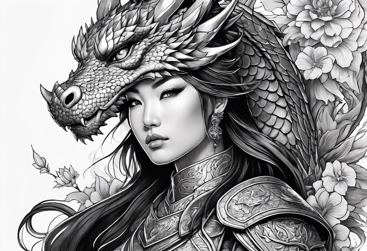 beautiful warrior woman wearing dragon armor and a floral background and a dragon a full picture tattoo idea