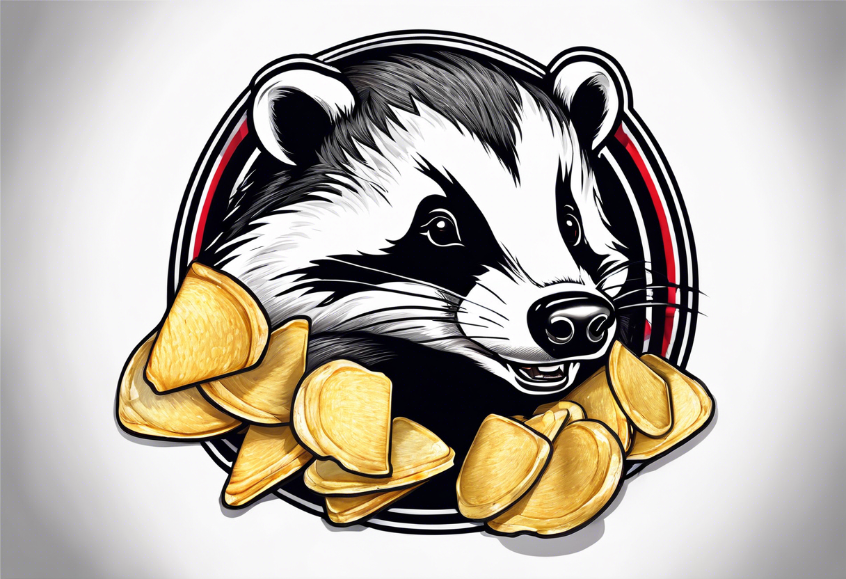 Angry badger with mouth open holding bag of chips tattoo idea