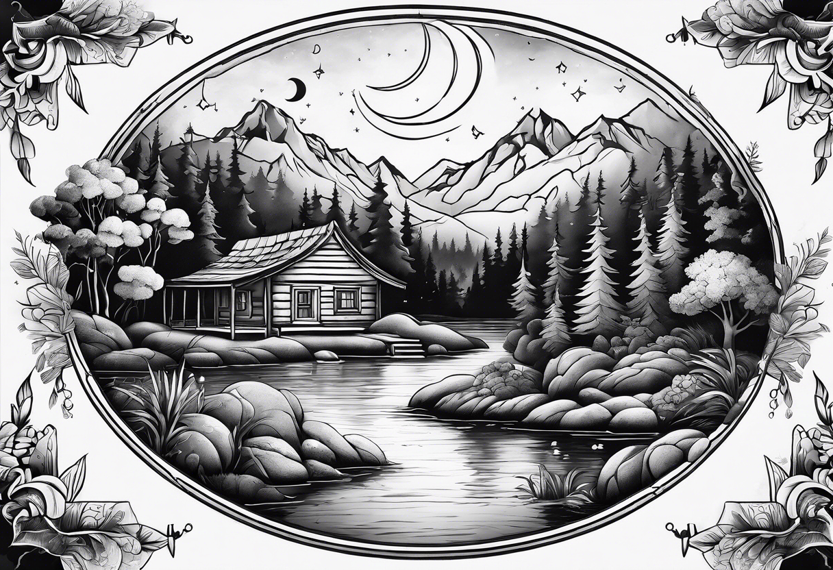 Hidden garden with lake and small cabin in woods with moon and mountains tattoo idea