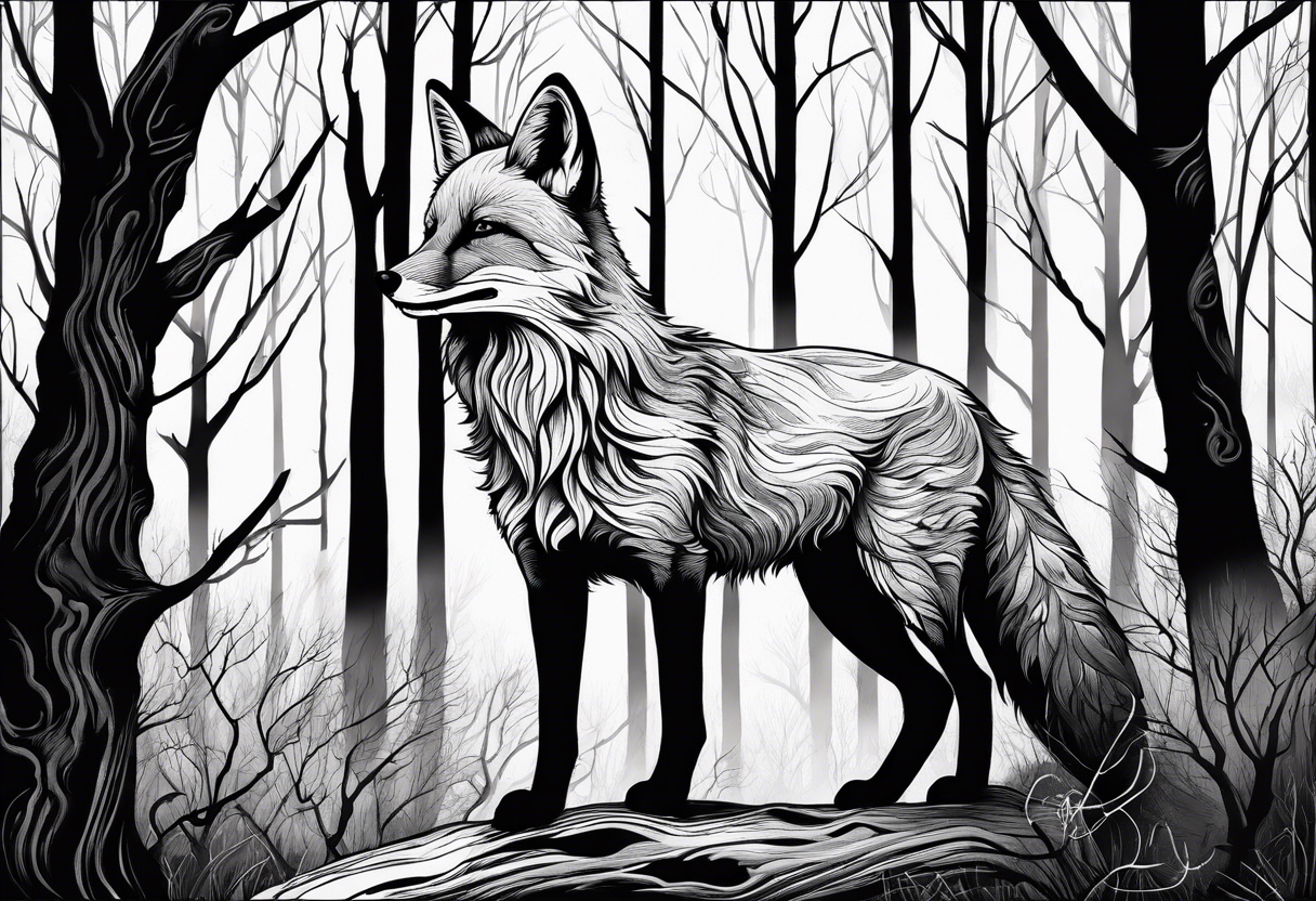 Creepy evil fox in birch woods tattoo idea