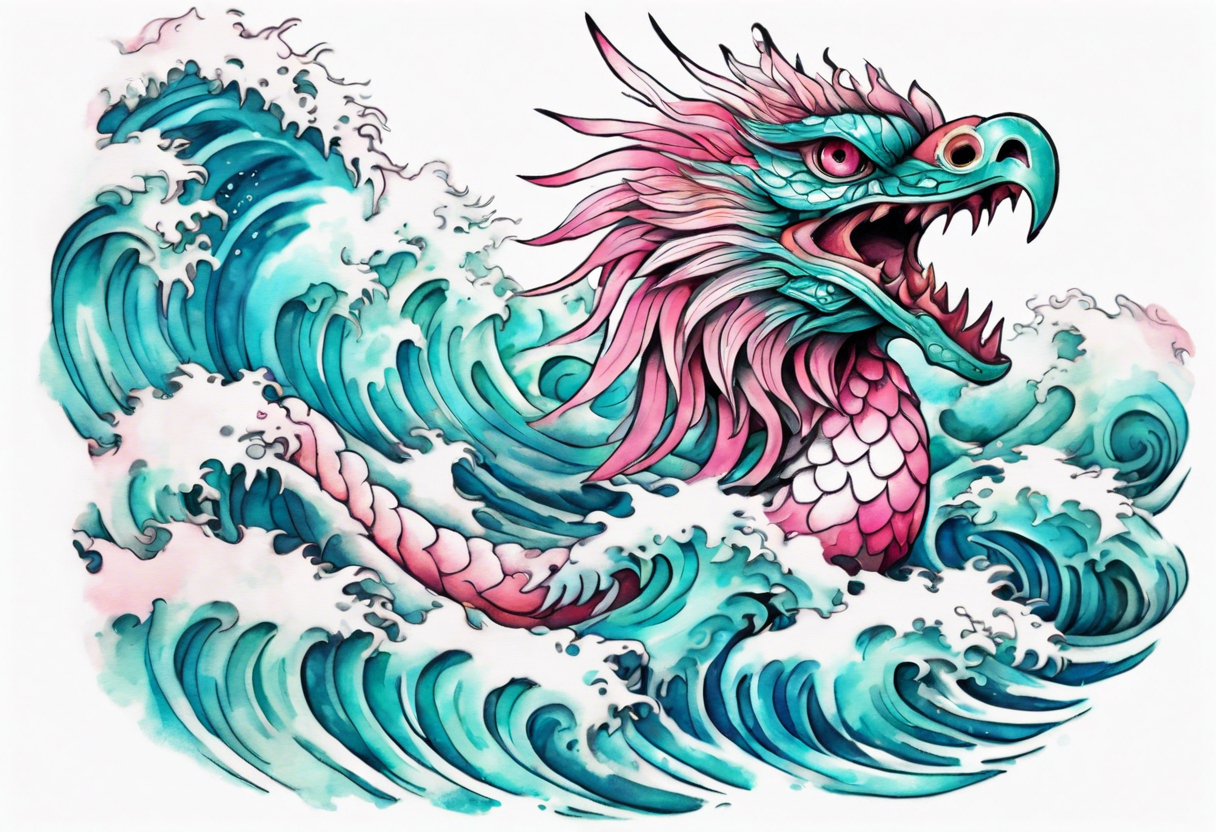 a turquoise and white and pink sea Quetzalcoatl with beautiful eyes emerging from the blue waves of the ocean tattoo idea