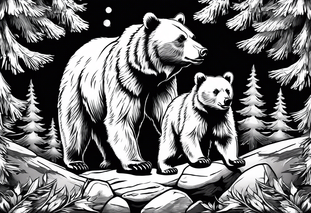 Draw a tattoo. The tattoo shows a mother bear holding two bear cubs. A small bear cub and a larger bear cub. The bears are surrounded by fir trees and rocks. tattoo idea