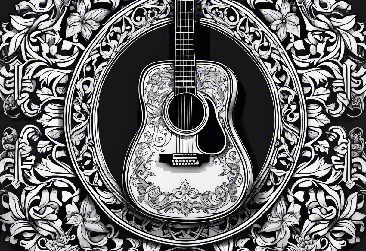 detailed christian cross with acoustic guitar tattoo idea