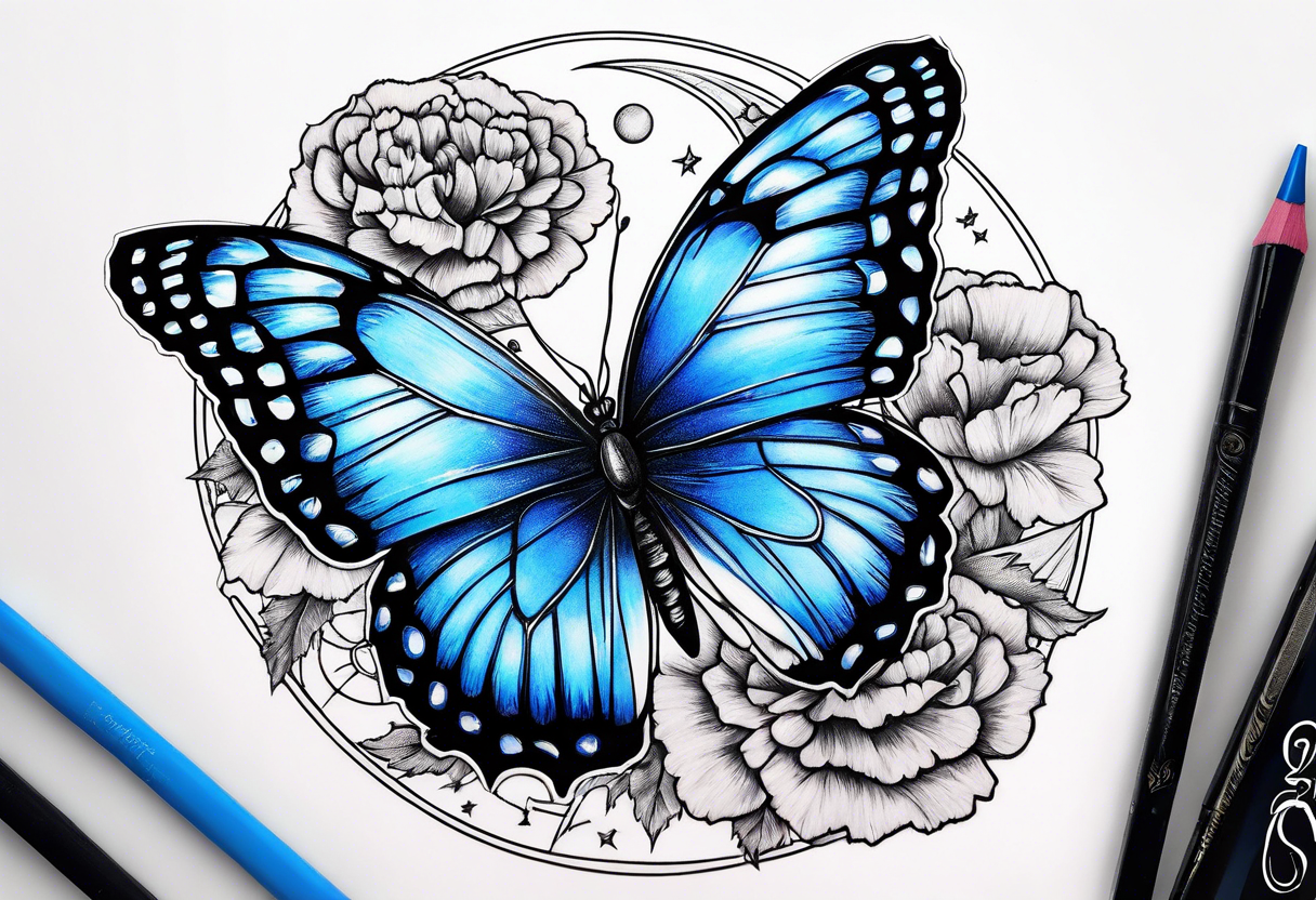 carnations blue butterfly moon tattoo idea