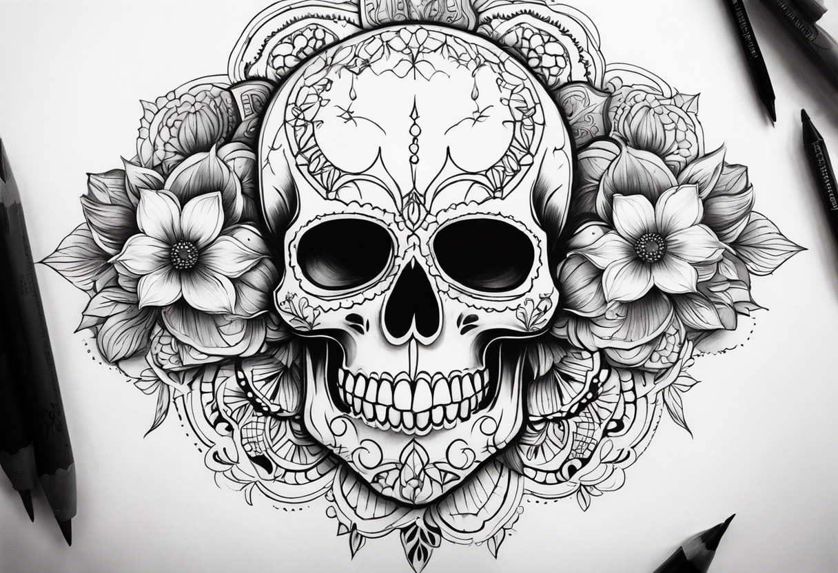 Draw me a realistic skull with black smoke out of his mouth add some flowers underneath with some mandalas at the bottom tattoo idea