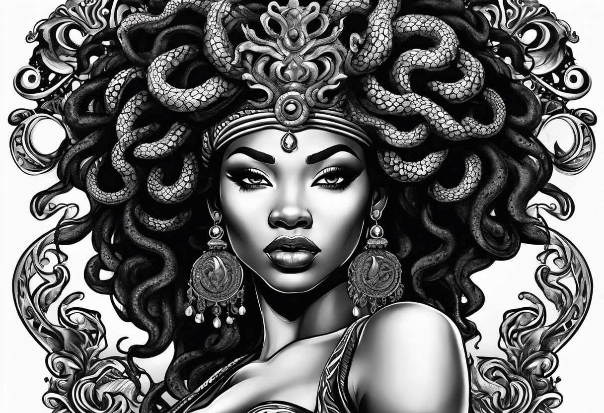 A black African queen Medusa with no eyes tattoo idea