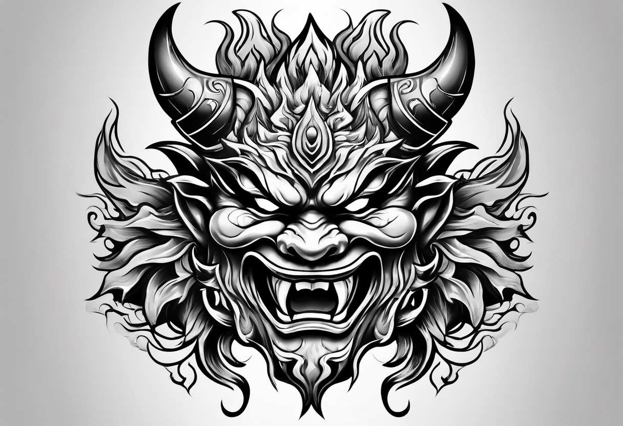 Oni mask with mouthful of flames tattoo idea