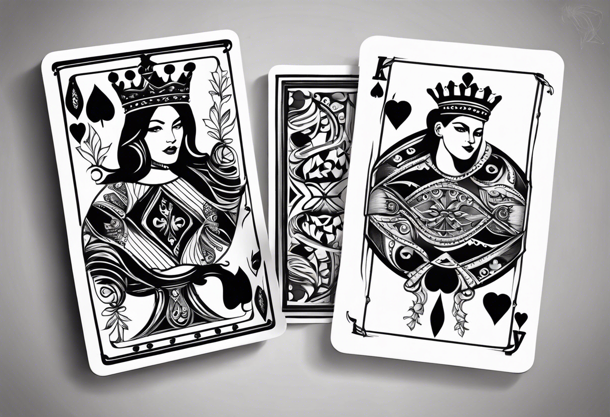 one playing card with both queen of hearts and king of spades incorporated in extreme minimalistic  style tattoo idea