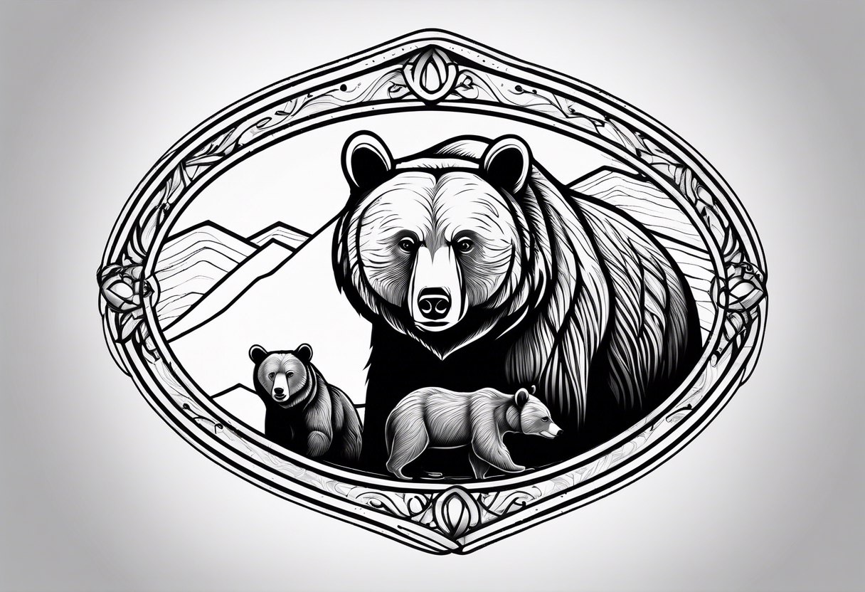 mother bear and cub enclosed in oval tattoo idea