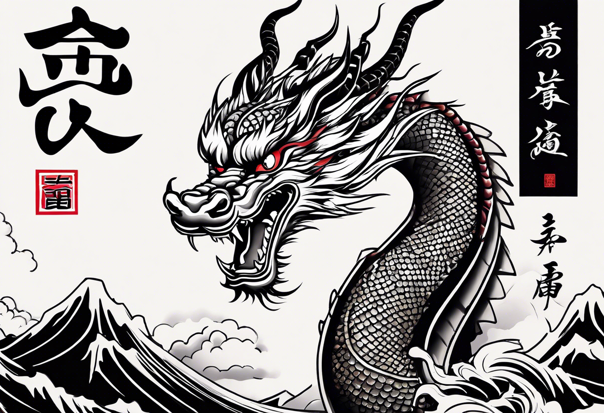 The name Nakama painted vertically  in Shodo style. A Japanes dragon coiled around it. tattoo idea