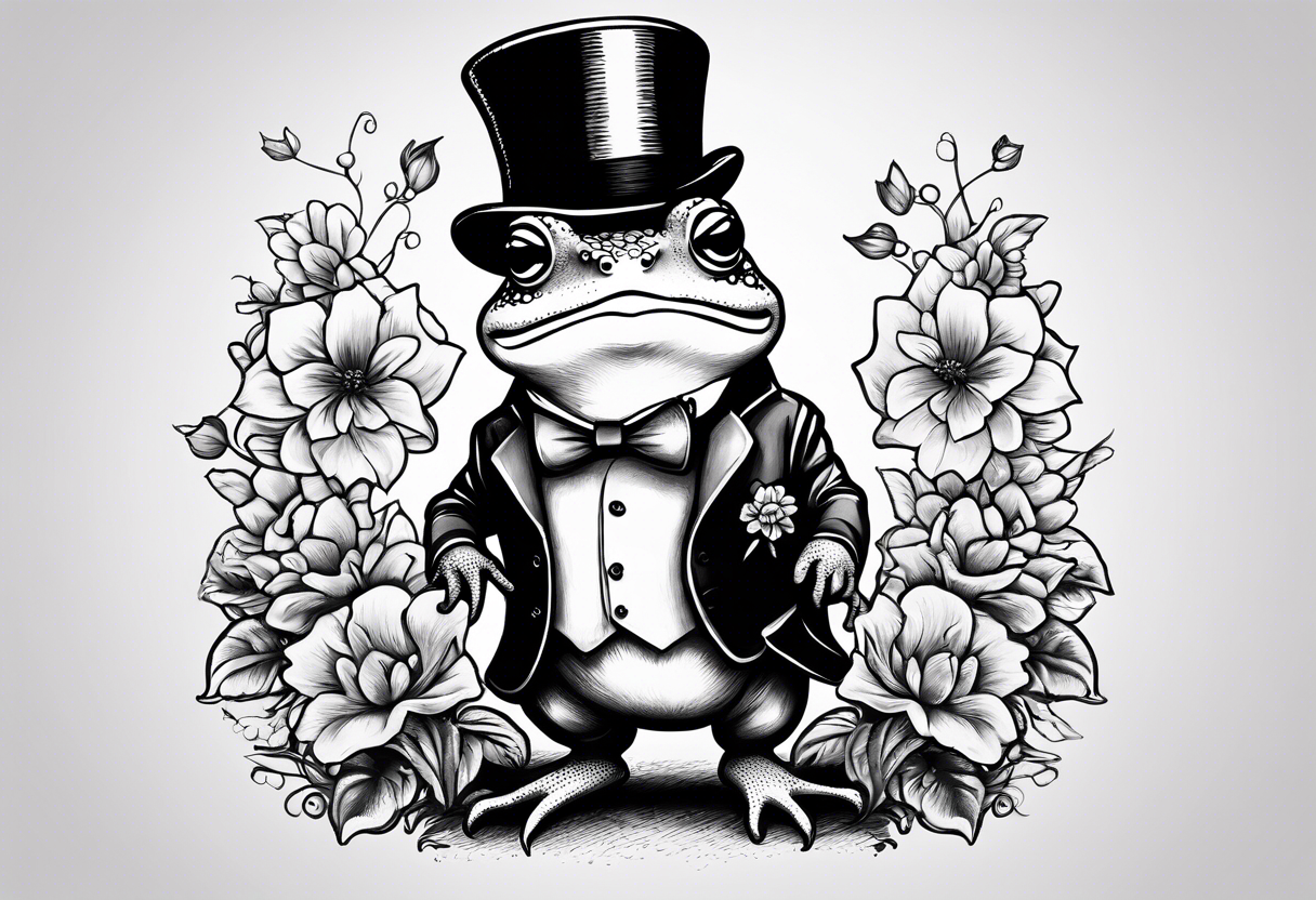 Cute toad wearing top hat and a suit standing on its Back legs while holding flowers tattoo idea