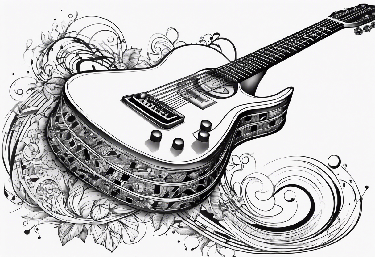 guitar with musical notes wrapped around it tattoo idea