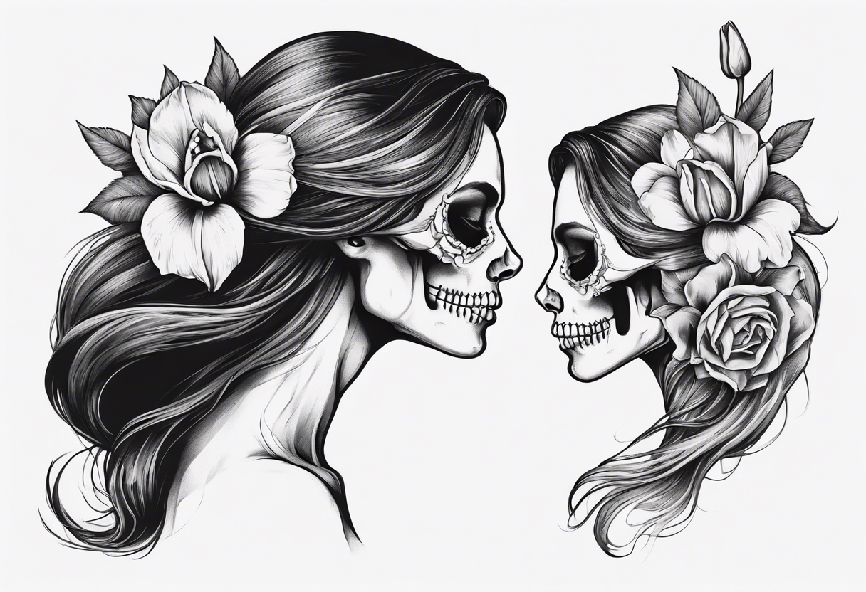 sideview of female skull with long open hair and tulip sign on neck and catrina painting, friendly mood tattoo idea