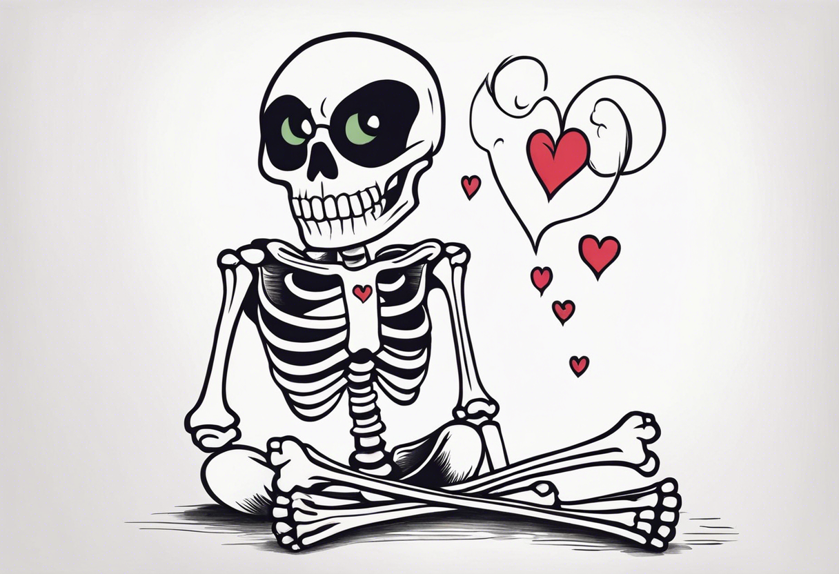 One skeleton with eyes in the shape of hearts, one skeleton sitting tattoo idea