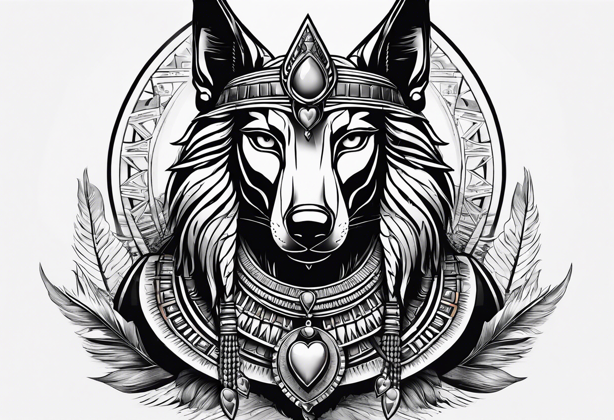 Egyptian style scary anubis god weighing the feather and the heart more realistic tattoo idea