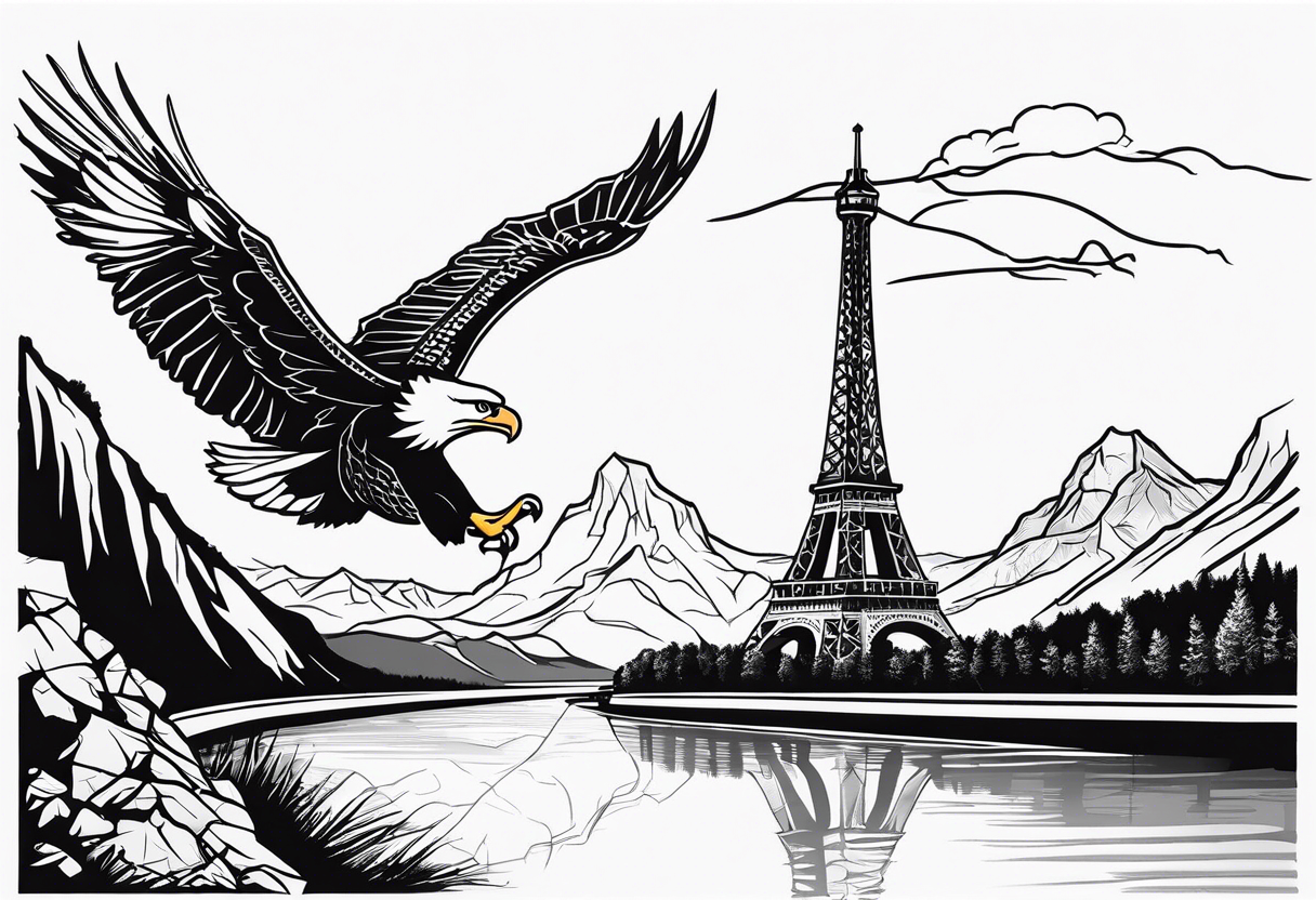 a river flowing beneath eagle's nest next to the eiffel tower next to a mountain chain tattoo idea