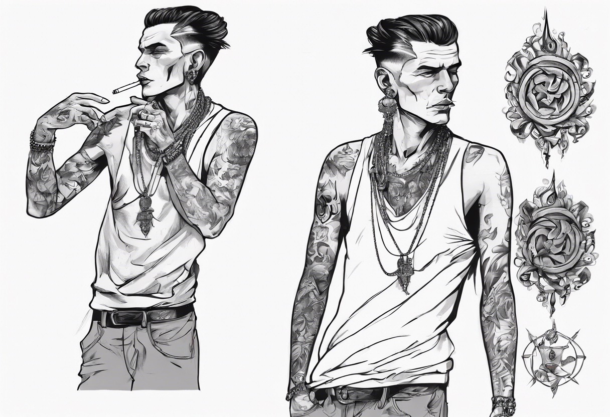 A man standing full-length, smoking a cigarette, with earrings in his ears, no headgear tattoo idea