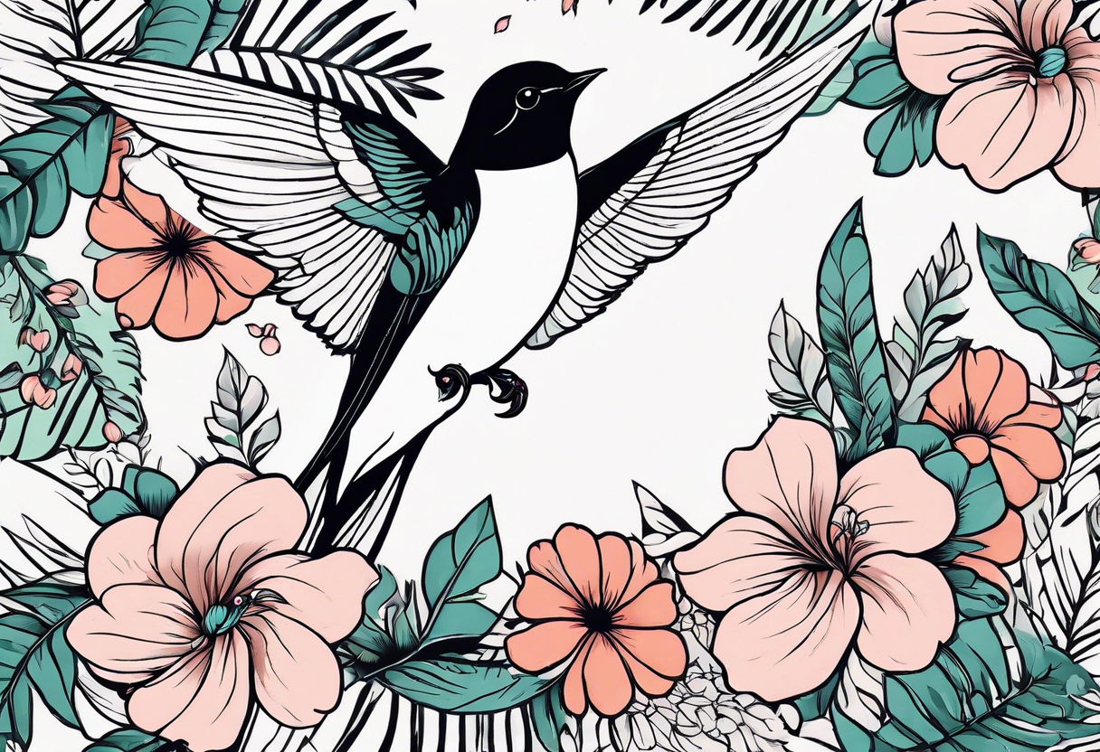 Swallow birds and floral background with ferns tattoo idea