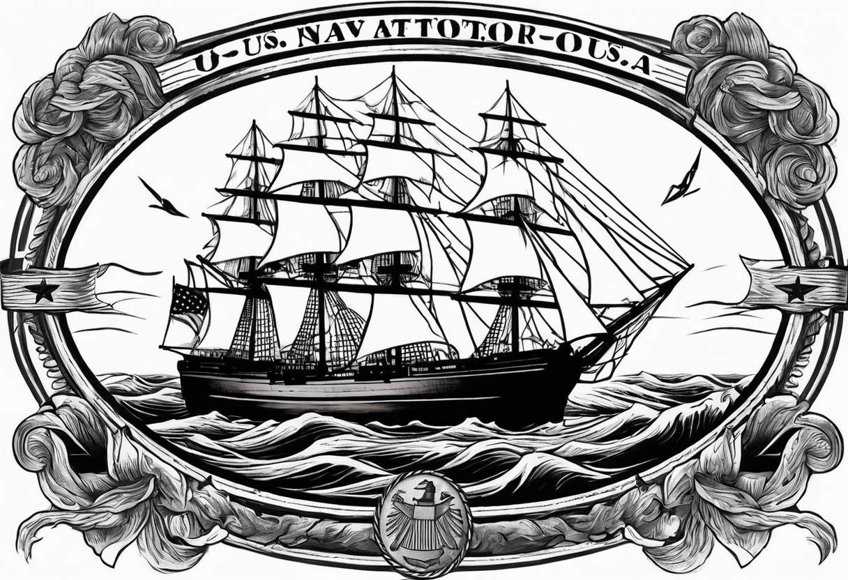 ship in rough seas, front porfile, in oval with rope border, super imposed over crossed cannons, banner at bottom that says US Navy tattoo idea