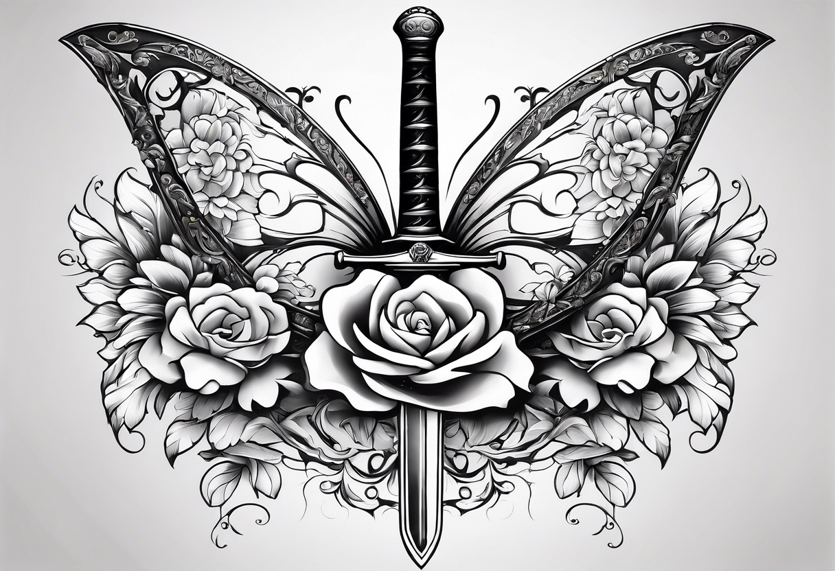 Sword with flowers wrapped around the sword. Also a butterfly tattoo idea