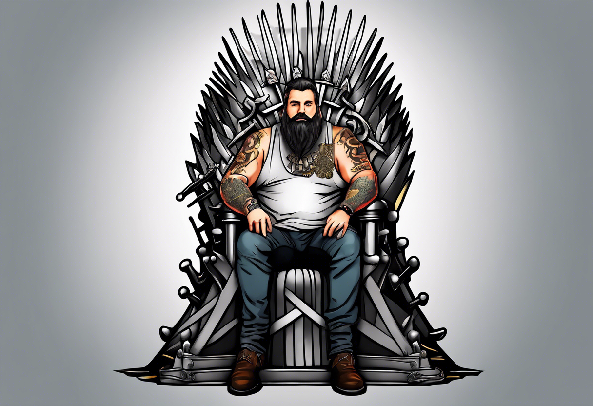 Large man carrying bags of money to a thin German man sitting on an iron throne tattoo idea