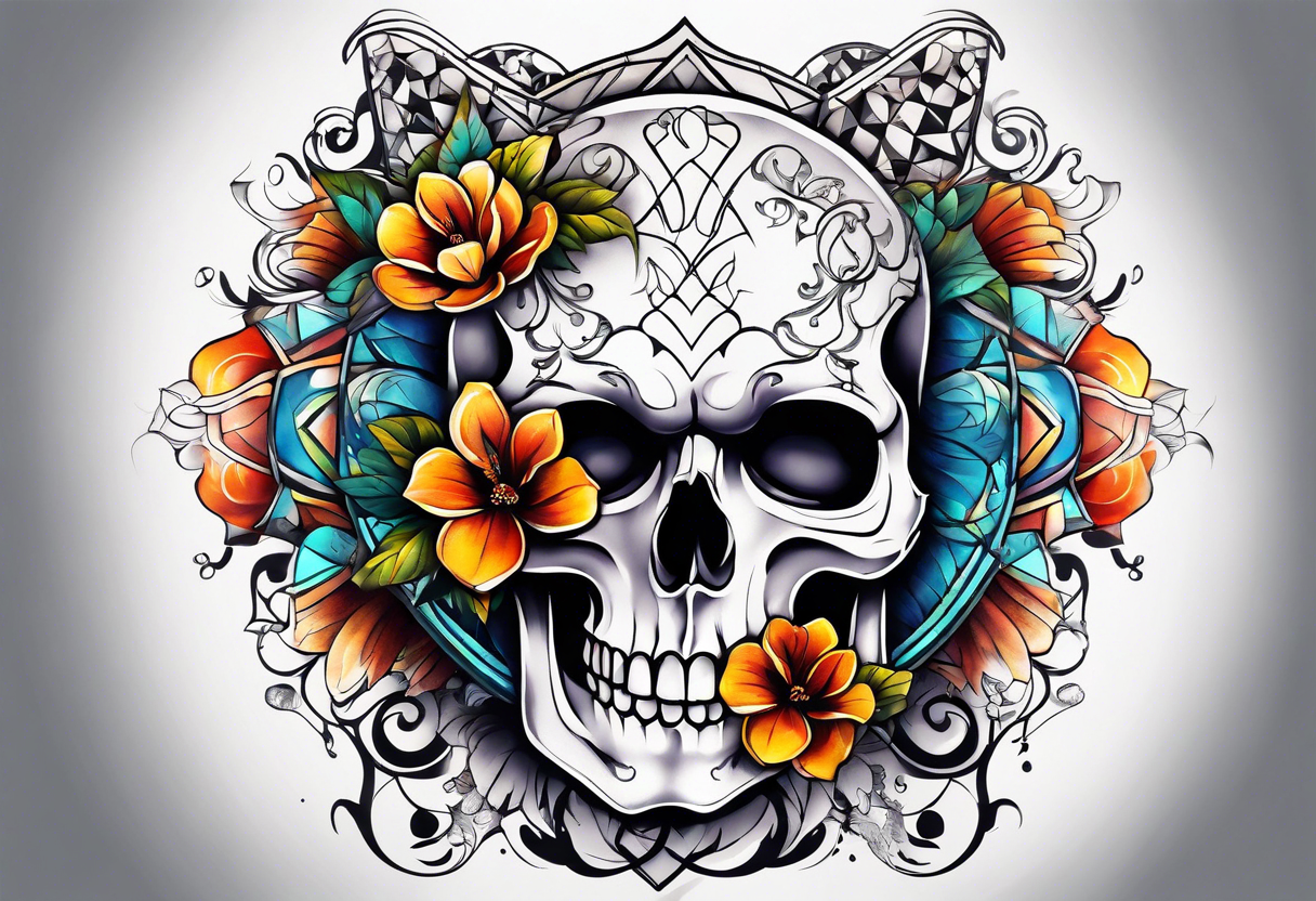 front knee tattoo with flowers & skulls, swirls & water washes, background washes tattoo idea