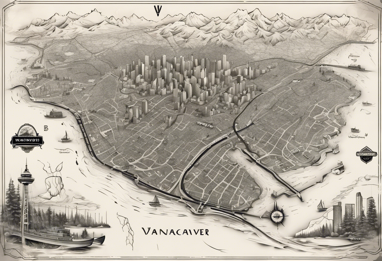 A overview old school map of vancouver B.C with water drop staining and major roadways highlighted with honeycomb tattoo idea