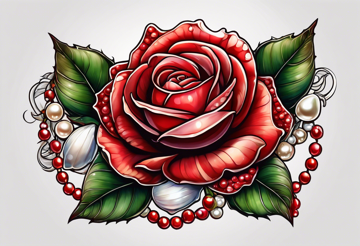 Red rose with a pearls and seashell dangling tattoo idea