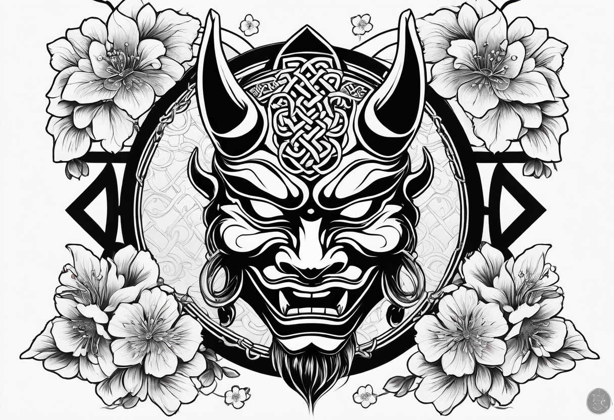 Oni mask with a cherry blossom background in a Celtic style tattoo idea