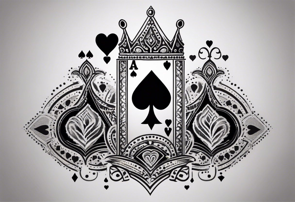 one combined tatto in minimalistic style with icon style three king of spades and icon style one queen of hearts. extreme minimalstic and few lines. much more minimalistic and fewer lines tattoo idea