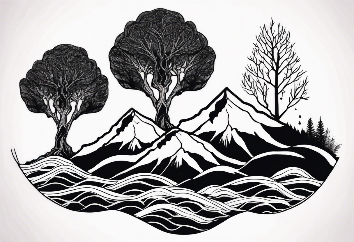 Three mountains three trees with roots tattoo idea