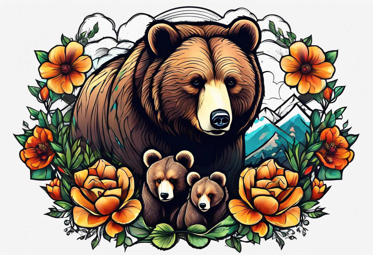 momma bear with 3 cubs tattoo idea