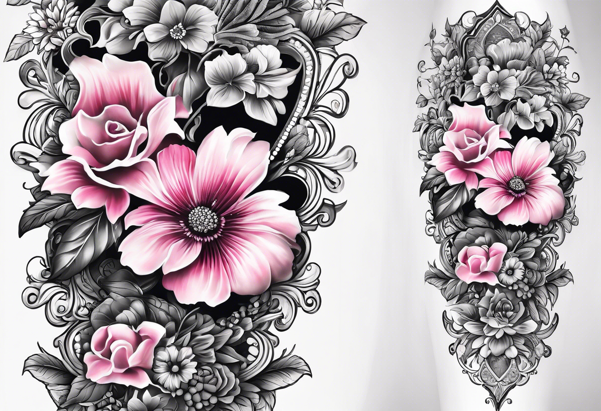 Floral leg piece with beading and lace tattoo idea. monochromatic pinks, old school flowers tattoo idea