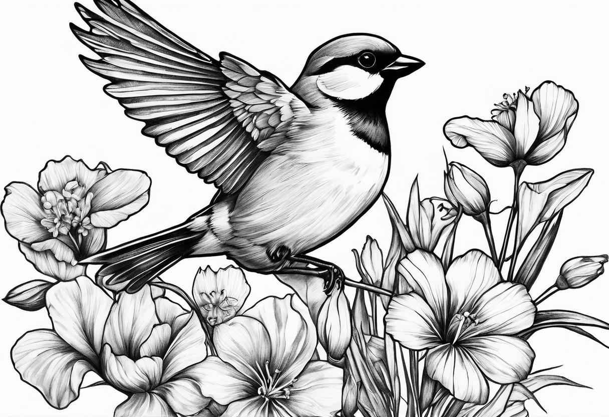 one flying 
sparrow, sunrays, 
make it a neck sleeve
add in a cosmos, iris, daisy, poppy and larkspur tattoo idea