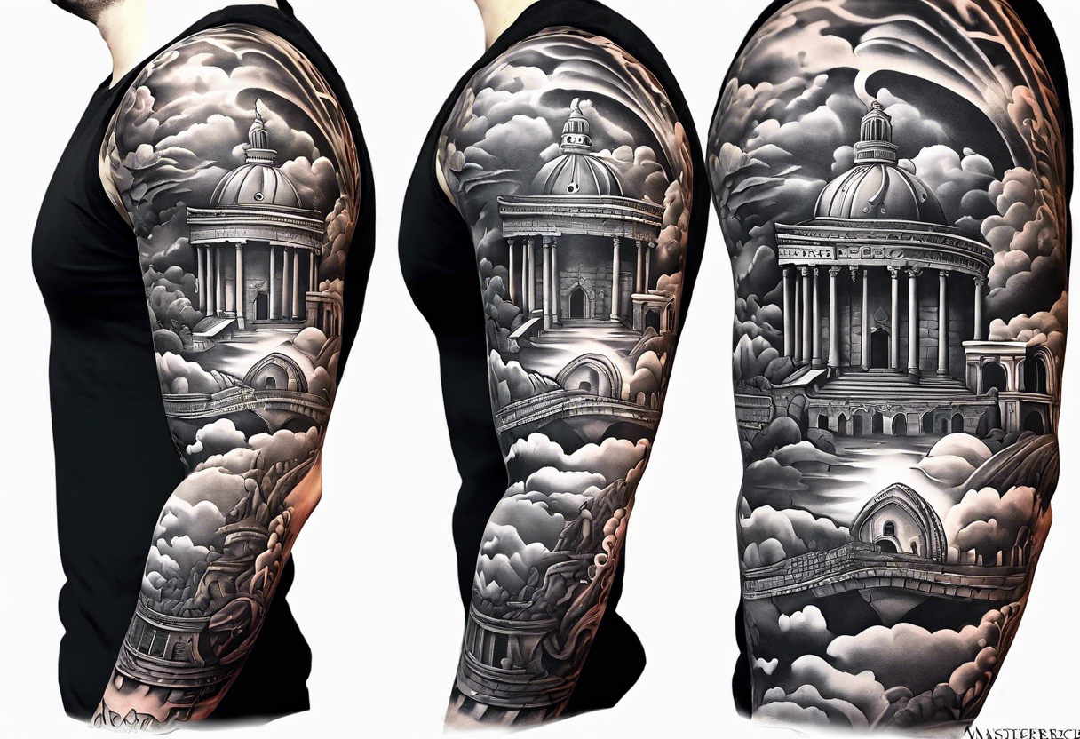 Romain Gladiator full sleeve right arm. Can have Roman buildings, sunset, clouds, fire (no animals) tattoo idea