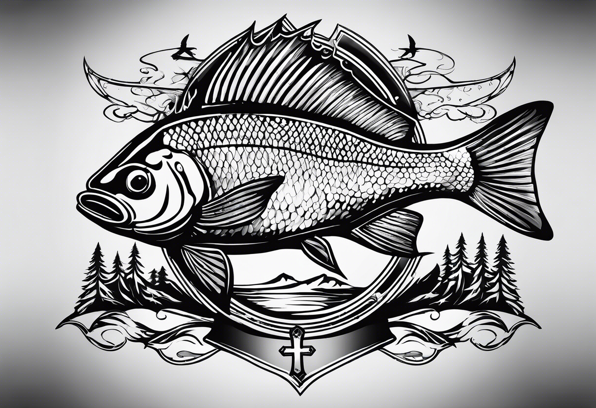 Backpacking fishing Wildlife theme and background with a Christian cross tattoo idea