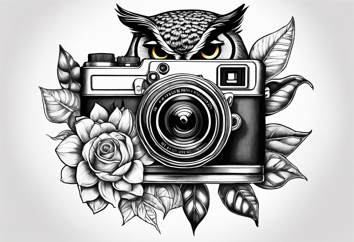 Sunflower, camera, book, owl, flower rose tattoo idea