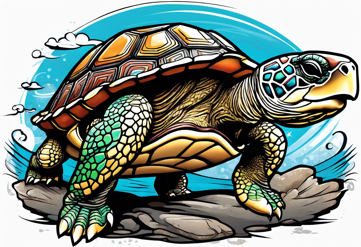 Turtle running upright across the finish line of a marathon tattoo idea